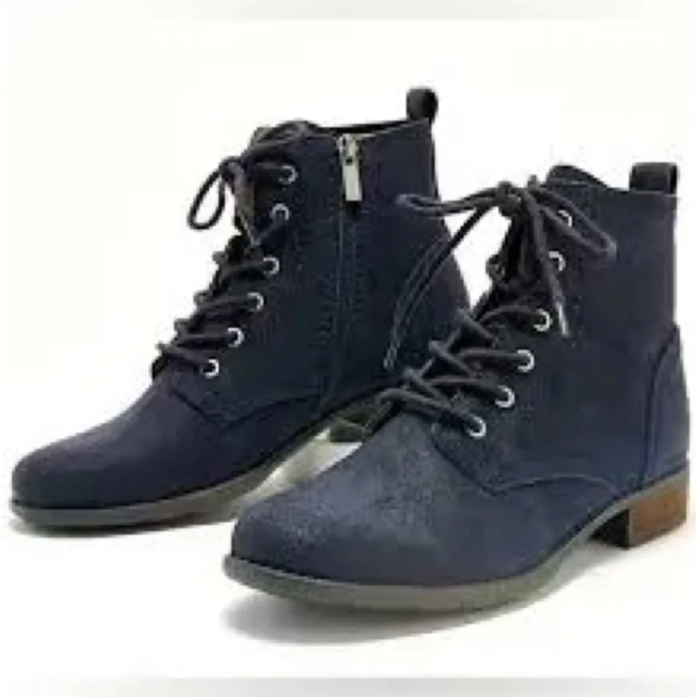 Earth navy brush suede janel lace up zip boots nib 7.5 W